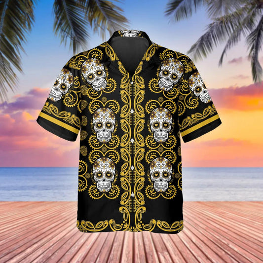 Pattern Yellow Color Skull Hawaiian Shirt, Hawaiian Button Up Shirt, Tropical Shirts For Men Moonbestprint