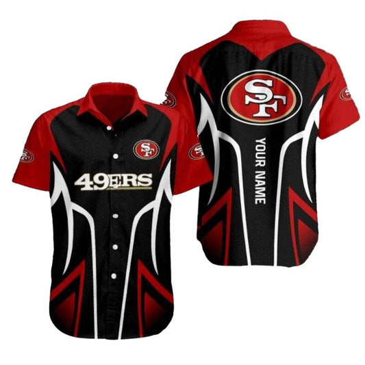 Personalized 49ers Logo Speed Rush Sleek Black Pattern Hawaiian Shirt - Moonbestprint