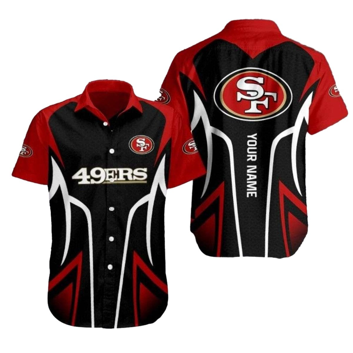 Personalized 49ers Logo Speed Rush Sleek Black Pattern Hawaiian Shirt - Moonbestprint