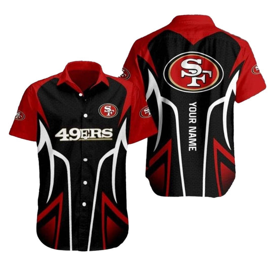 Personalized 49ers Logo Speed Rush Sleek Black Pattern Hawaiian Shirt - Moonbestprint