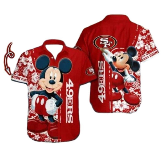 Personalized 49ers Mickey Mouse Red Floral Design Hawaiian Shirt - Moonbestprint