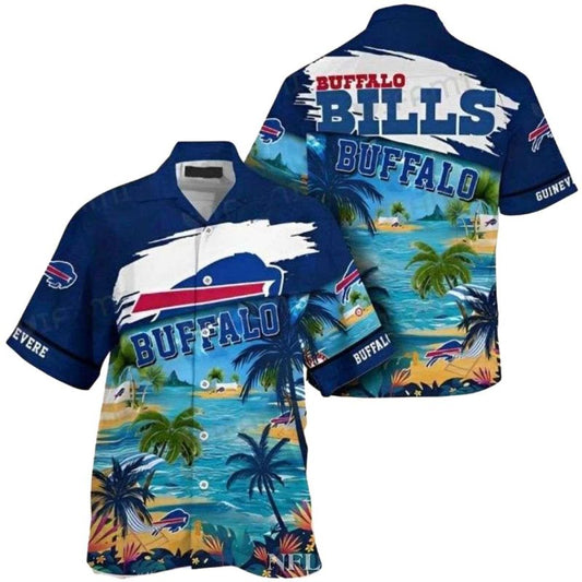Personalized Buffalo Bills Logo And Blue Tropical Island With Palms Hawaiian Shirt - Moonbestprint