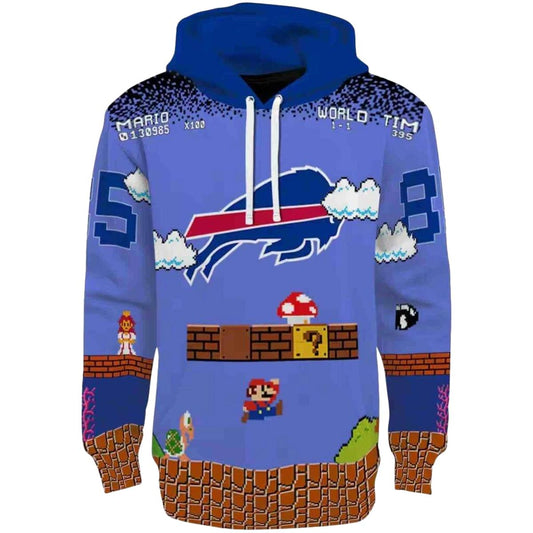 Personalized Buffalo Bills Mario Blue Black AOP Hoodie -  Moonbestprint