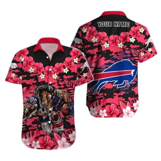 Personalized Buffalo Bills Mascot Graphic And Red Hibiscus Hawaiian Shirt - Moonbestprint