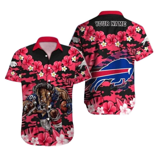 Personalized Buffalo Bills Mascot Graphic And Red Hibiscus Hawaiian Shirt - Moonbestprint