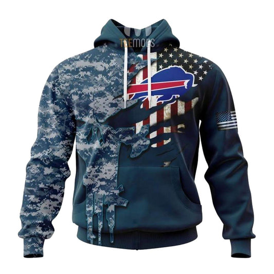 Personalized Buffalo Bills Navy Skull Camo Veteran AOP Hoodie -  Moonbestprint