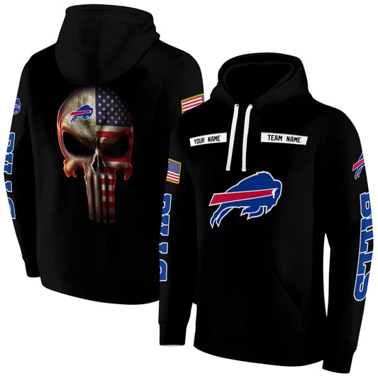 Personalized Buffalo Bills Punisher Skull Flag Black Blue AOP Hoodie -  Moonbestprint