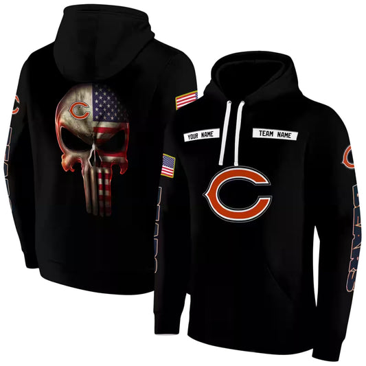 Personalized Chicago Bears Punisher Skull Black AOP Hoodie -  Moonbestprint