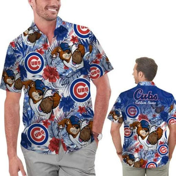 Personalized Chicago Cubs Tropical Floral America Flag Hawaiian Shirt, MLB Hawaiian Shirt Moonbestprint