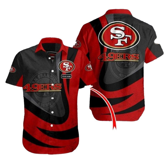 Personalized Classic 49ers Red And Black Striped Fan Essential Hawaiian Shirt - Moonbestprint