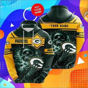 Personalized Custom Name Green Bay Packers Skull 3D Hoodie, NFL Hoodie Moonbestprint