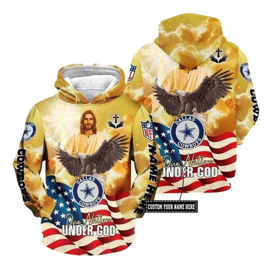 Personalized Dallas Cowboys Jesus Logo And One Nation Under God AOP Hoodie - Moonbestprint