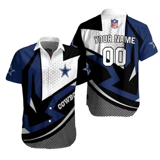 Personalized Dallas Cowboys Logo Black Blue White Halftone Hawaiian Shirt - Moonbestprint