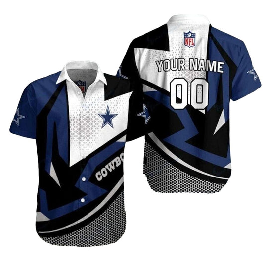 Personalized Dallas Cowboys Logo Black Blue White Halftone Hawaiian Shirt - Moonbestprint