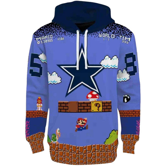 Personalized Dallas Cowboys Mario Blue Black AOP Hoodie - Moonbestprint