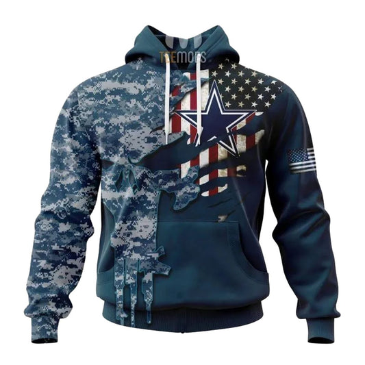 Personalized Dallas Cowboys Navy Skull Camo Veteran AOP Hoodie - Moonbestprint