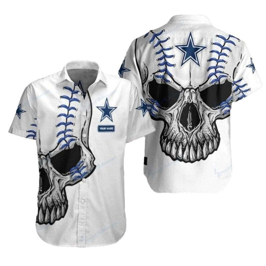 Personalized Dallas Cowboys Skeleton Stitch Skull White Hawaiian Shirt - Moonbestprint
