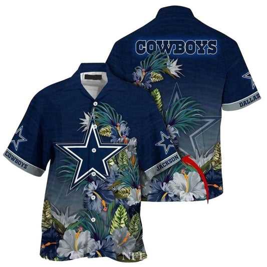 Personalized Dallas Cowboys Ropical Flower Navy Blue Hawaiian Shirt - Moonbestprint