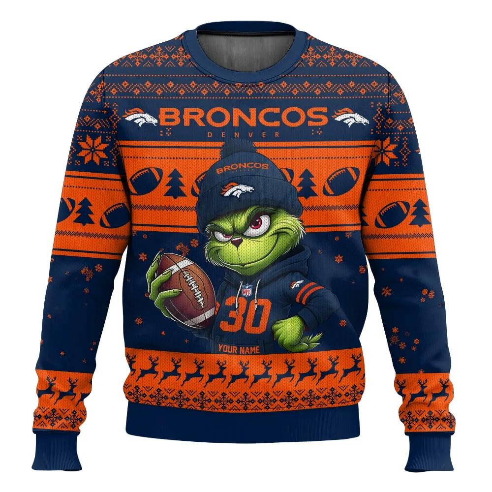 Personalized Denver Broncos Grinch Ugly Christmas Sweater, NFL Christmas Sweater Moonbestprint