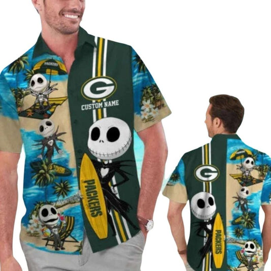 Personalized Green Bay Packers And Jack Skellington Surfing Hawaiian Shirt - Moonbestprint