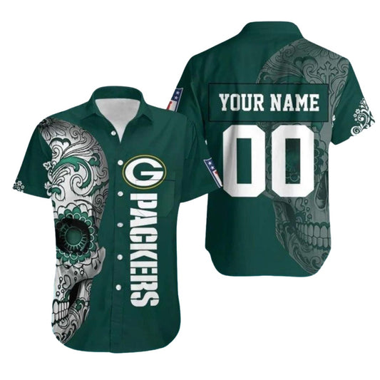 Personalized Green Bay Packers Tattoo Skull Hawaiian Shirt - Moonbestprint