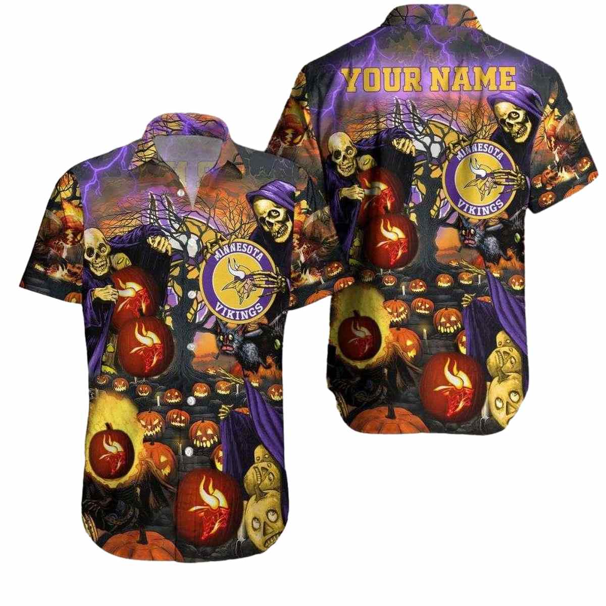Personalized Halloween Night Vikings Spooky Pumpkin Hawaiian Shirt - Moonbestprint
