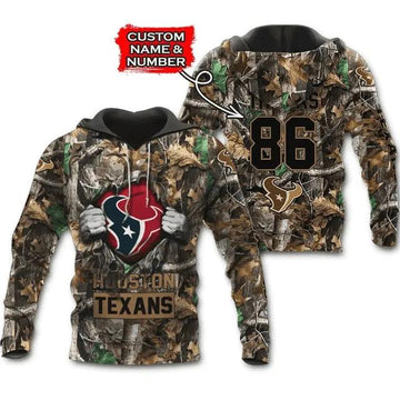 Personalized Houston Texans Hunting Camo Custom Name and Number 3D Hoodie, NFL Hoodie Moonbestprint