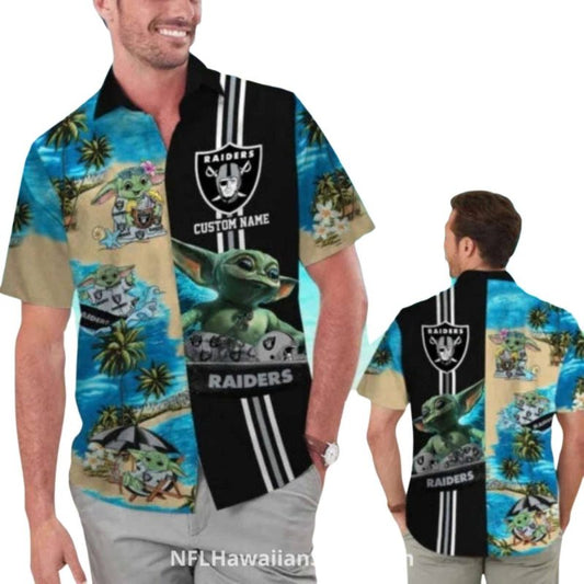 Personalized Las Vegas Raiders Baby Yoda On Beach Hawaiian Shirt - Moonbestprint