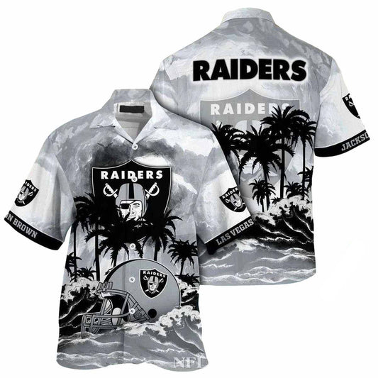 Personalized Las Vegas Raiders Beach Sunset And Palm Silhouettes Hawaiian Shirt - Moonbestprint