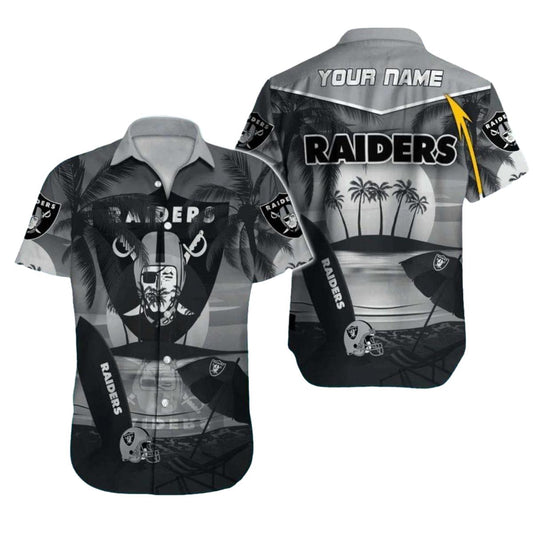 Personalized Las Vegas Raiders Coconut Tree Sunset Beach Grayscale Hawaiian Shirt - Moonbestprint