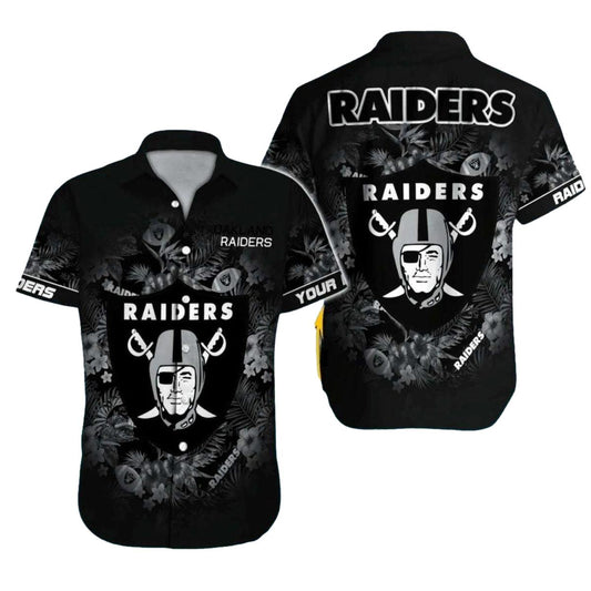 Personalized Las Vegas Raiders Floral Black Tropical Hawaiian Shirt - Moonbestprint
