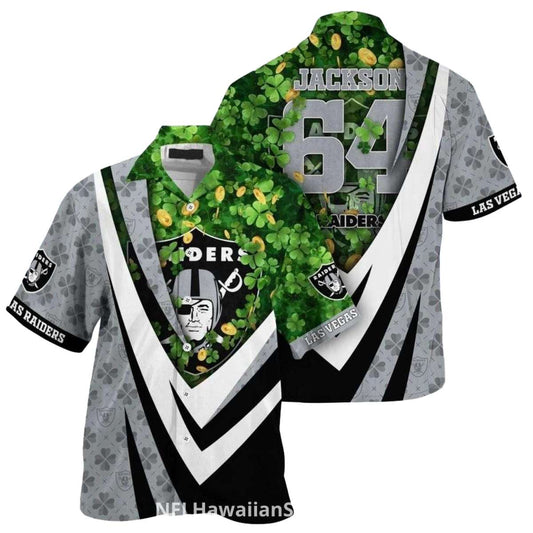 Personalized Las Vegas Raiders Green Shamrock And Gold Coins St Patrick Day Hawaiian Shirt - Moonbestprint