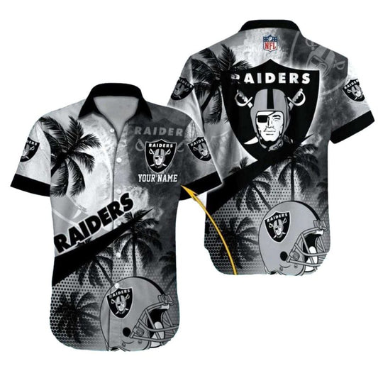 Personalized Las Vegas Raiders Logo And Helmet Palm Tree Black And White Hawaiian Shirt - Moonbestprint