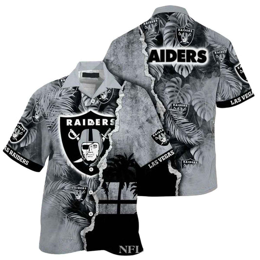 Personalized Las Vegas Raiders Logo Tropical Palms Leaves Hawaiian Shirt - Moonbestprint