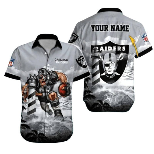 Personalized Las Vegas Raiders Mascot And Lighthouse Ocean Storm Hawaiian Shirt - Moonbestprint
