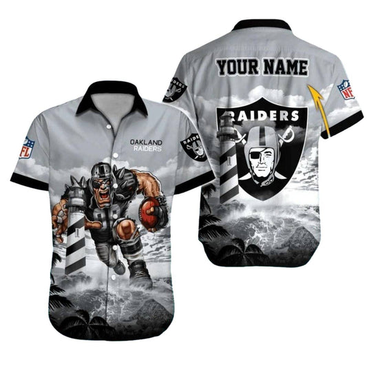 Personalized Las Vegas Raiders Mascot And Lighthouse Ocean Storm Hawaiian Shirt - Moonbestprint
