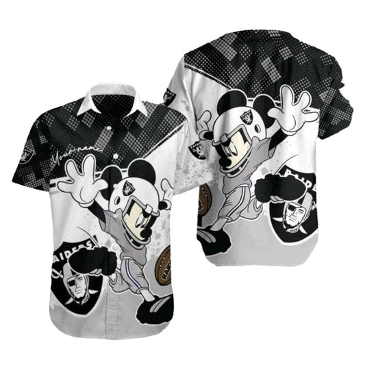Personalized Las Vegas Raiders Mickey Mascot Black And White Hawaiian Shirt - Moonbestprint