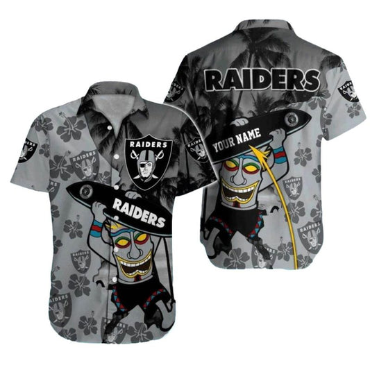 Personalized Las Vegas Raiders Tiki Surfer With Palm Tree Hawaiian Shirt - Moonbestprint