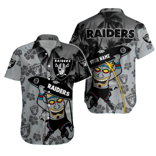 Personalized Las Vegas Raiders Tiki Surfer With Palm Tree Hawaiian Shirt - Moonbestprint