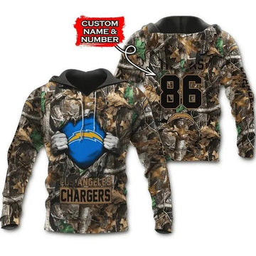 Personalized Los Angeles Chargers Hunting Camo Custom Name and Number - Hoodie 3D, NFL Hoodie Moonbestprint