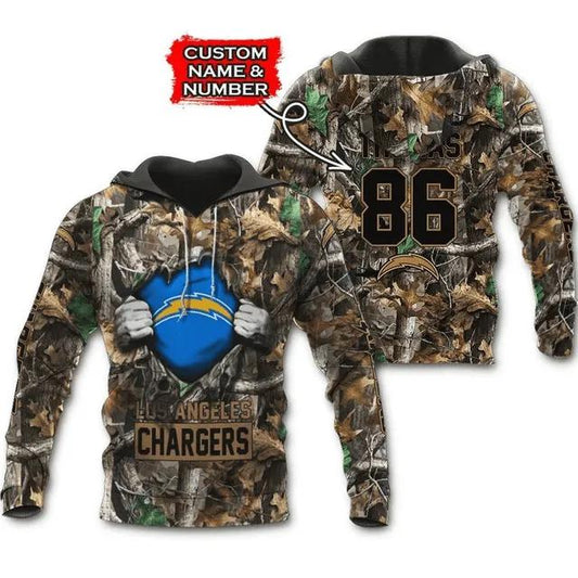 Personalized Los Angeles Chargers Hunting Camo Custom Name and Number - Hoodie 3D, NFL Hoodie Moonbestprint