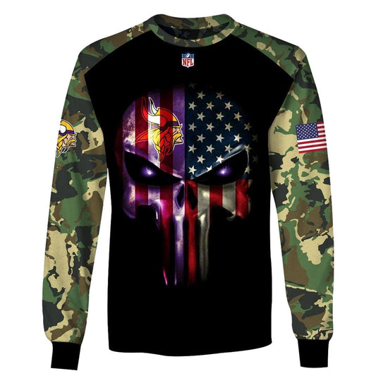 Personalized Minnesota Vikings Army Camouflage American Flag Punisher Skull AOP Sweatshirt - Moonbestprint