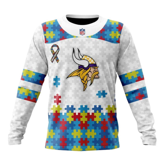 Personalized Minnesota Vikings Autism Awareness White Pattern AOP Sweatshirt - Moonbestprint