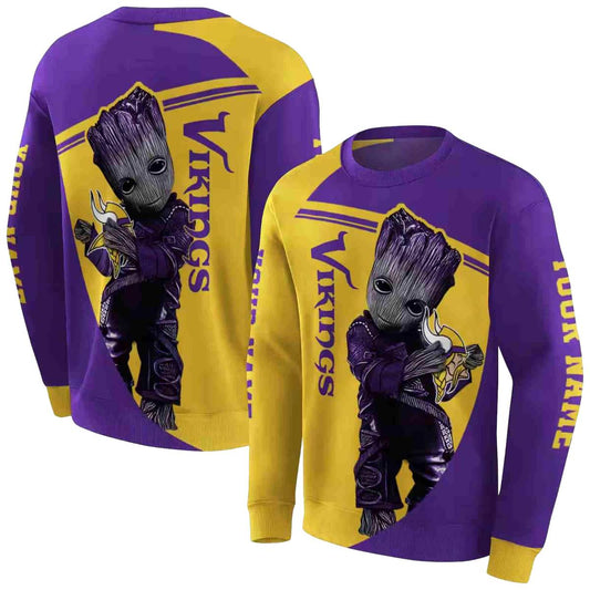 Personalized Minnesota Vikings Baby Groot Hug Logo Purple AOP Sweatshirt - Moonbestprint