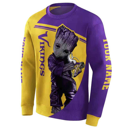 Personalized Minnesota Vikings Baby Groot Hug Logo Purple AOP Sweatshirt - Moonbestprint
