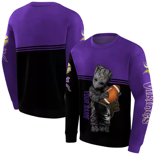 Personalized Minnesota Vikings Baby Groot Hug Logo Purple Black AOP Sweatshirt - Moonbestprint