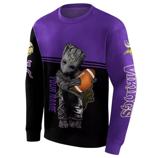 Personalized Minnesota Vikings Baby Groot Hug Logo Purple Black AOP Sweatshirt - Moonbestprint