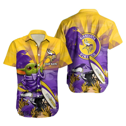 Personalized Minnesota Vikings Baby Yoda Lover Hawaiian Shirt - Moonbestprint