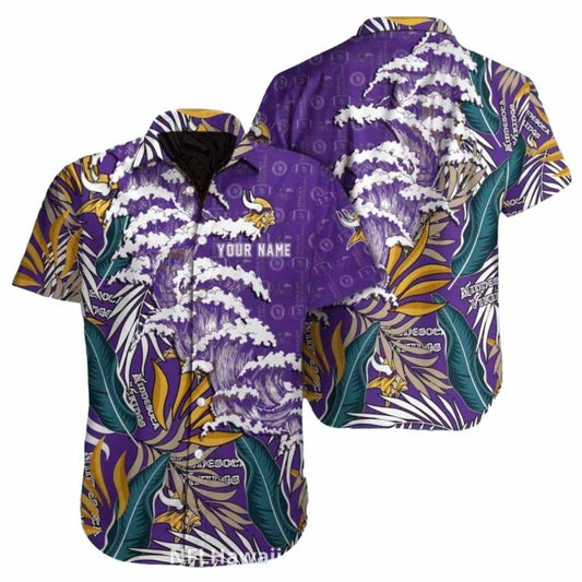 Personalized Minnesota Vikings Big Waves And Palm Leaves Hawaiian Shirt - Moonbestprint