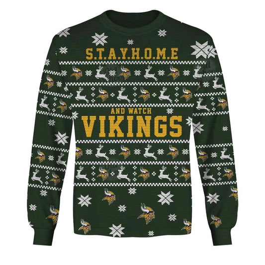 Personalized Minnesota Vikings Christmas Sweater Style Stay Home And Watch Vikings AOP Sweatshirt - Moonbestprint